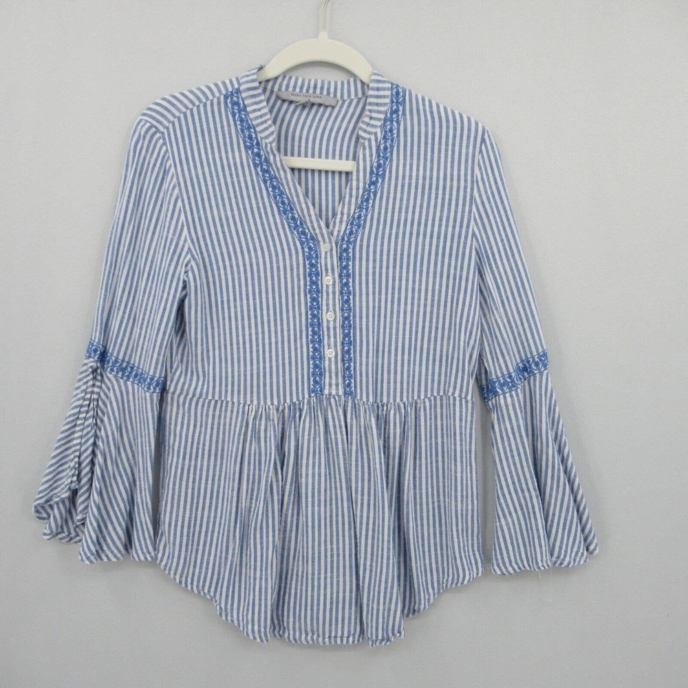Marc New York Women's Small Bell Sleeve Embroidered Striped Blouse Top Flowy